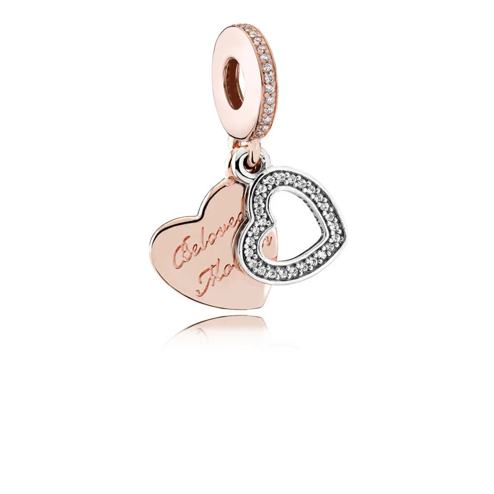 pandora rose heart dangle with engraving beloved mother and silver heart with clear cubic zirconia charm 781883cz