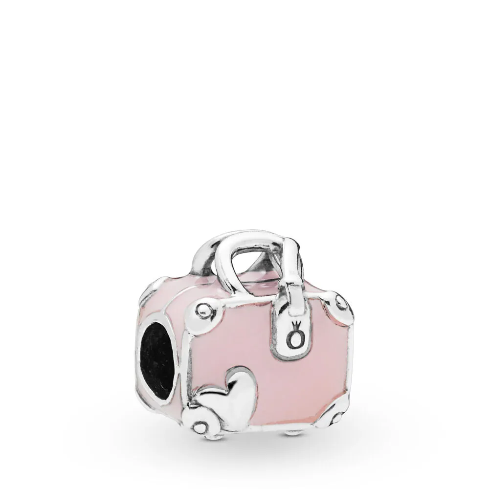 pandora koffert sølv charm med rosa emalje 798063en124