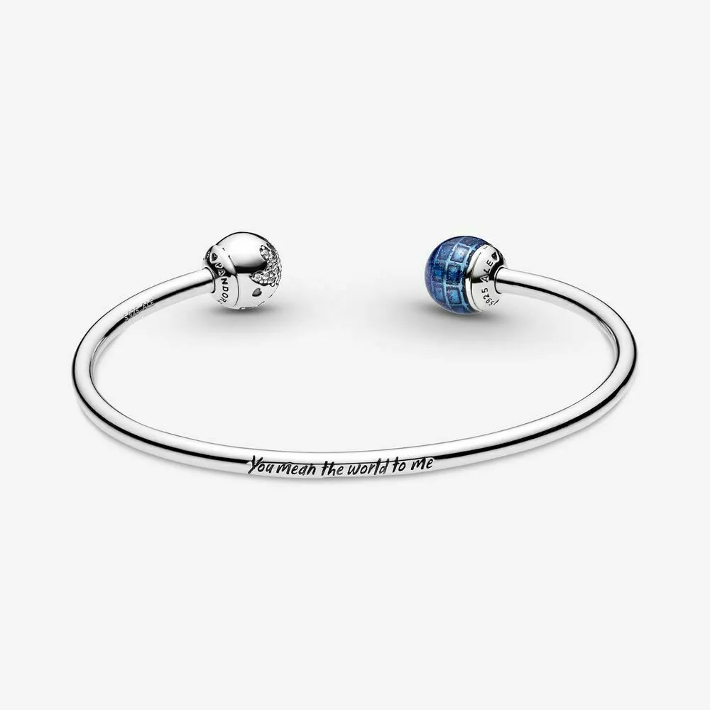 pandora blå planet og jordklode åpent bangle 599223c01