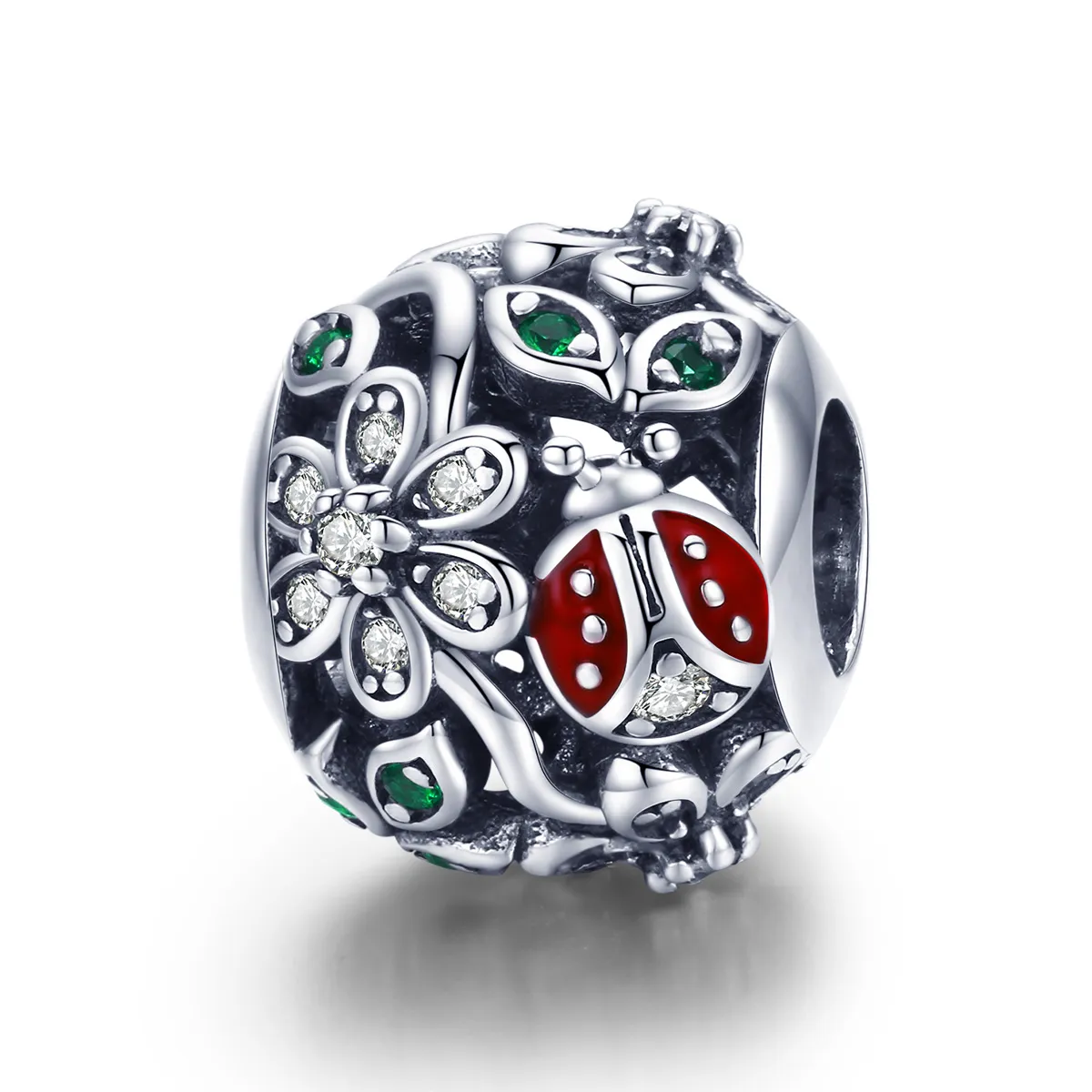 Pandora Style Sølv Ladybugs And Flowers Charm - SCC926