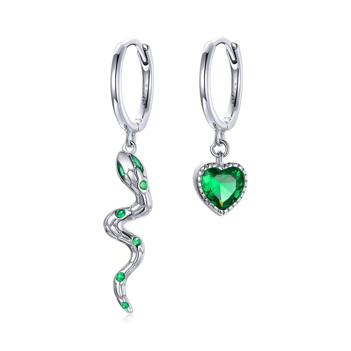 pandora style silver the love of the snake green heart dingle øredobber sce1006