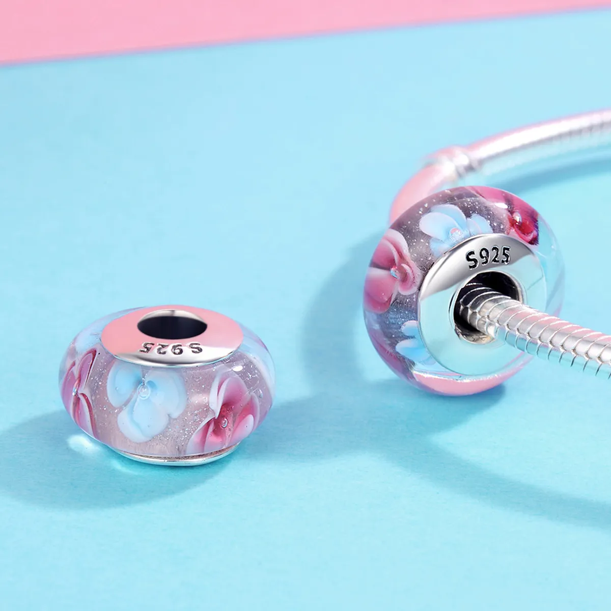 Pandora Style Rosa Blomster Murano Glass Charm - SCZ056