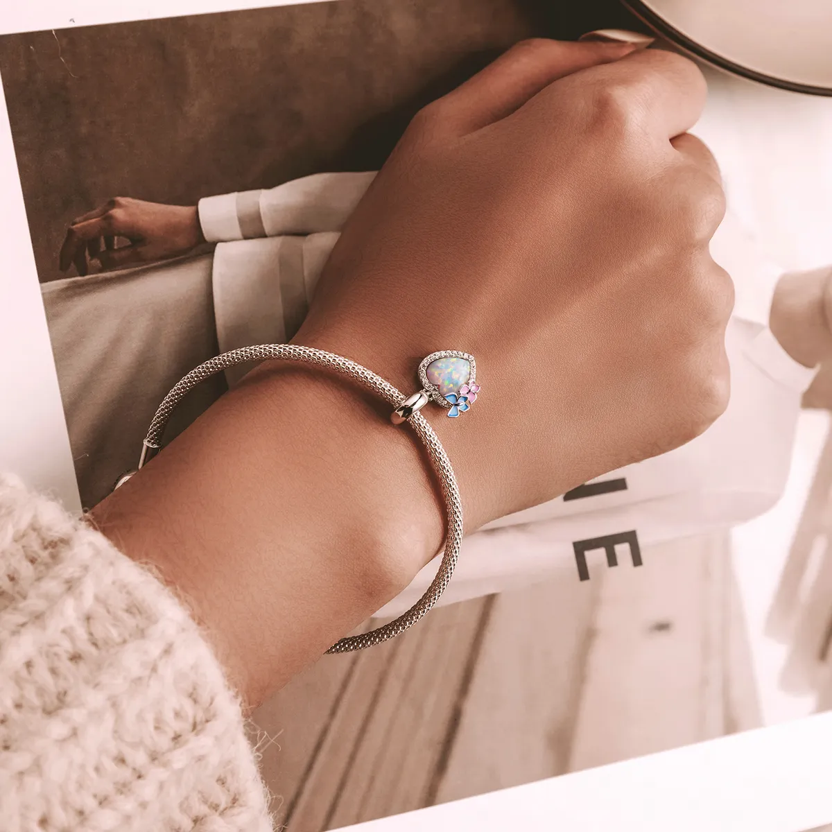Pandora Style Opal Heart Butterfly Dingle - SCC2101