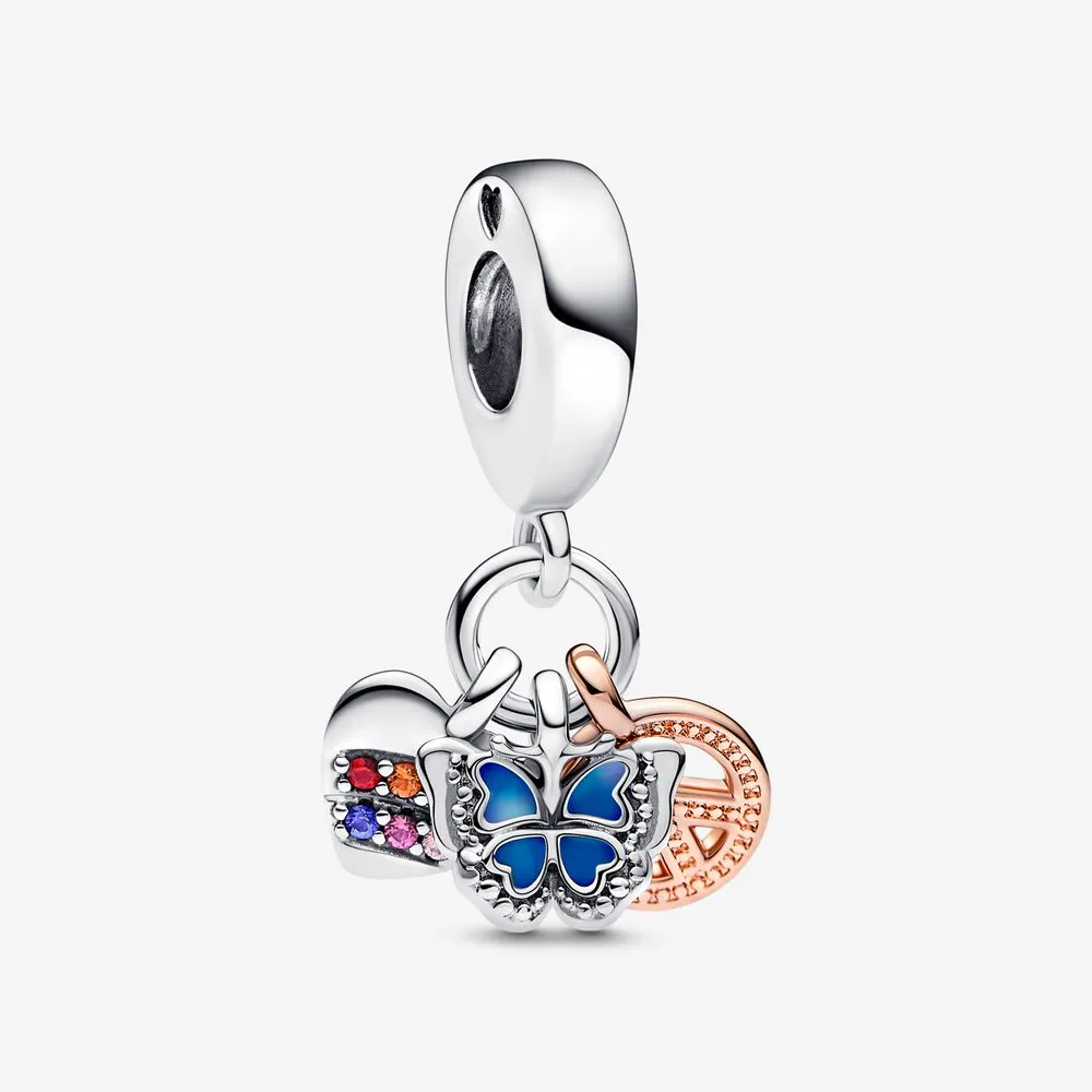 pandora tofarget regnbuefarget hjerte sommerfugl og fredstegn trippel hengende charm 782572c01