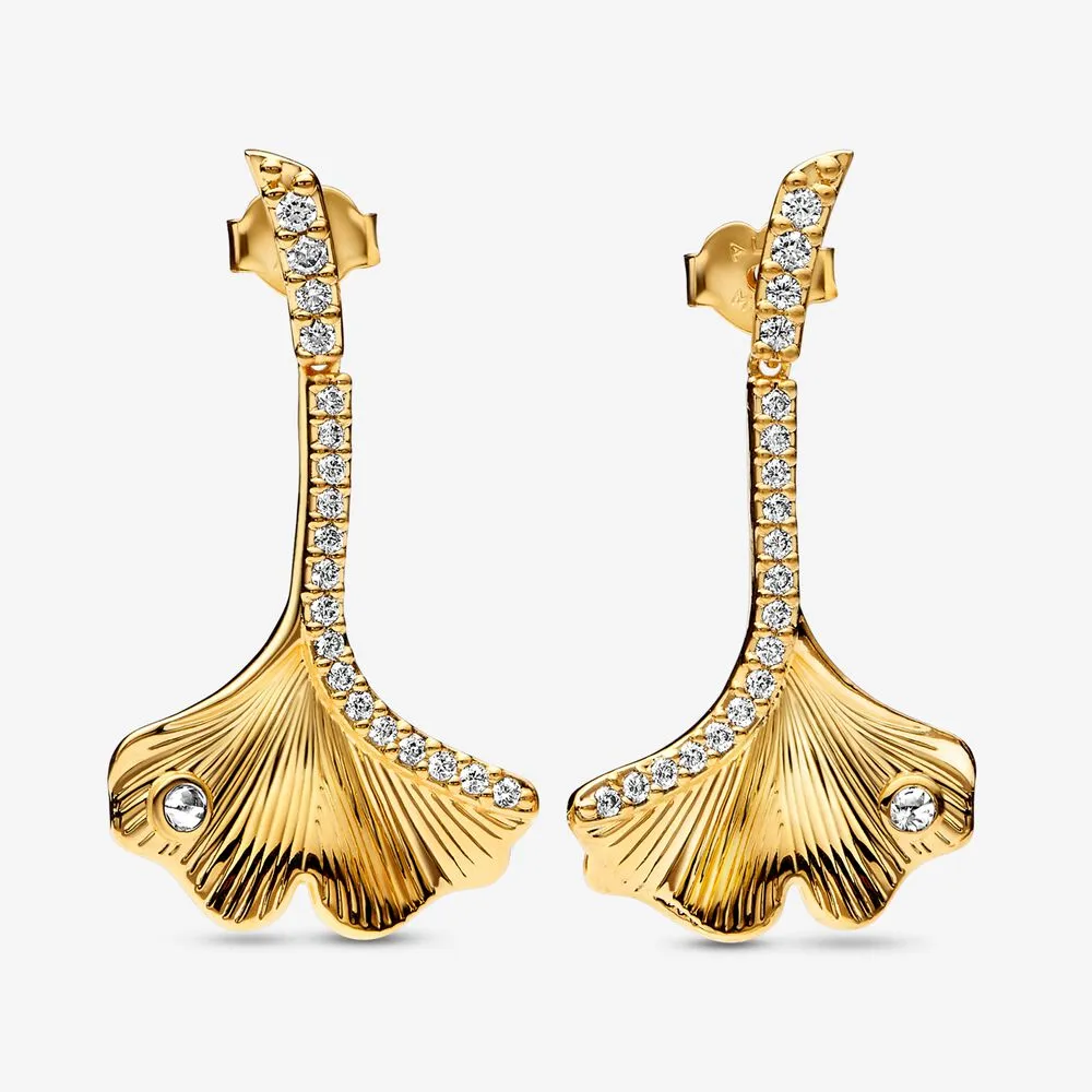 pandora ginkgo 14k gold plated drop earrings with clear cubic zirconia 262440c01