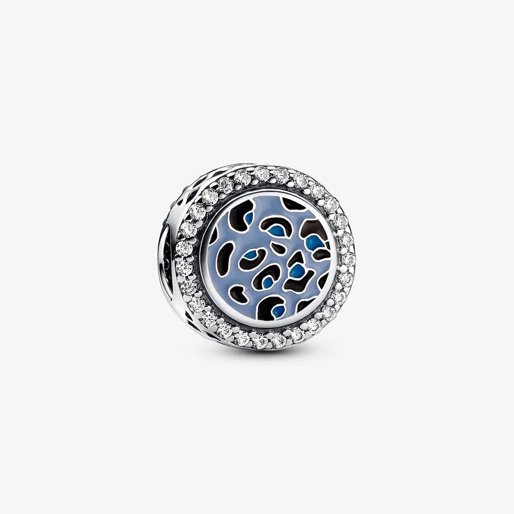 pandora leopardprint sterling sølv sjarm med klar cubic zirconia pastellblå himmelblå og svart emalje 792016cz_e024