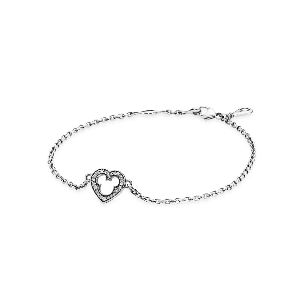 disney heart silver bracelet with cubic zirconia and cut out mickey silhouette 590512cz