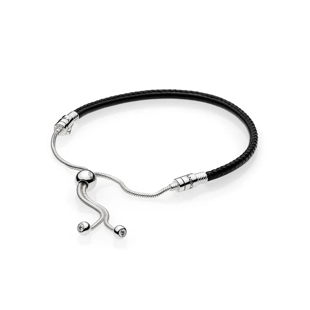 pandora moments sliding leather bracelet black 597225cbk