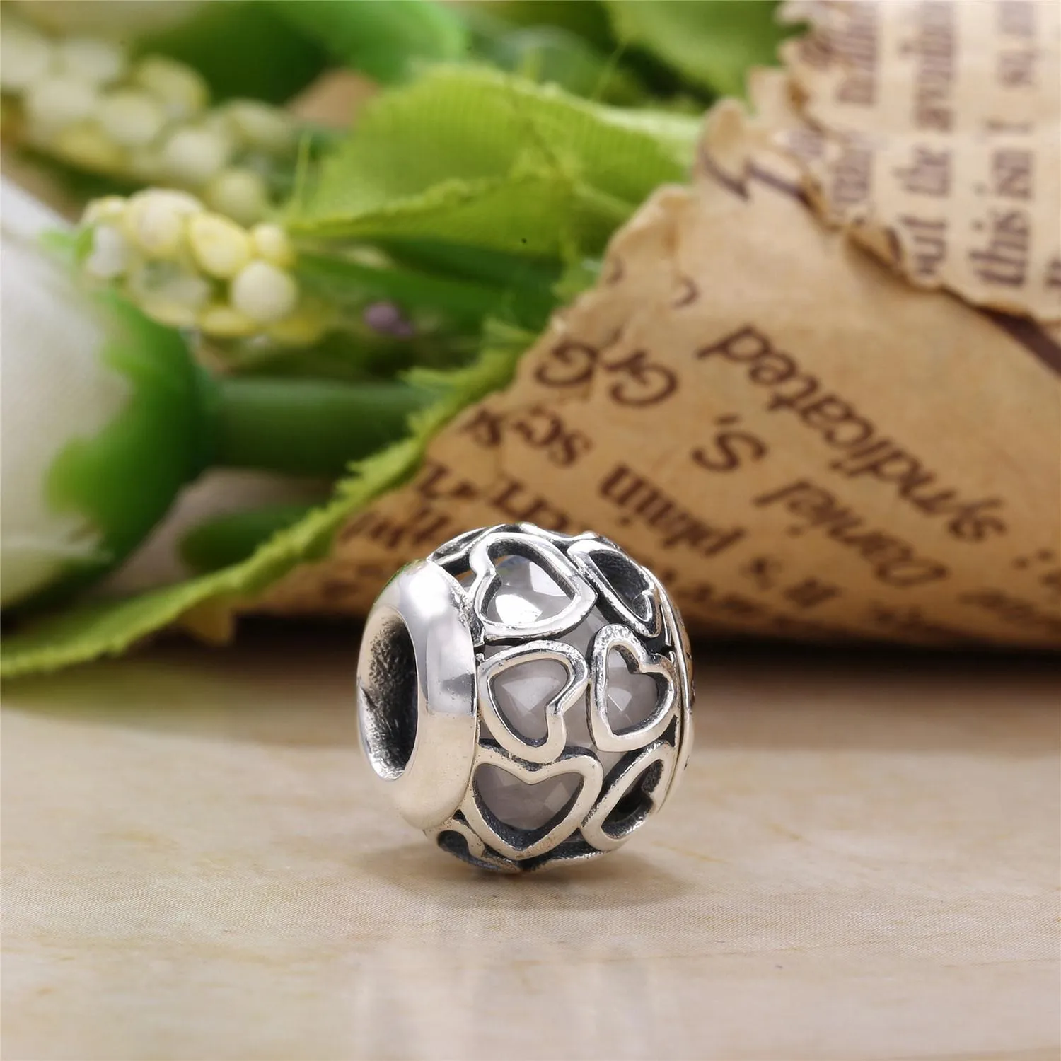 Pandora Heart silver charm with faceted opalescent white crystal - 792036NOW