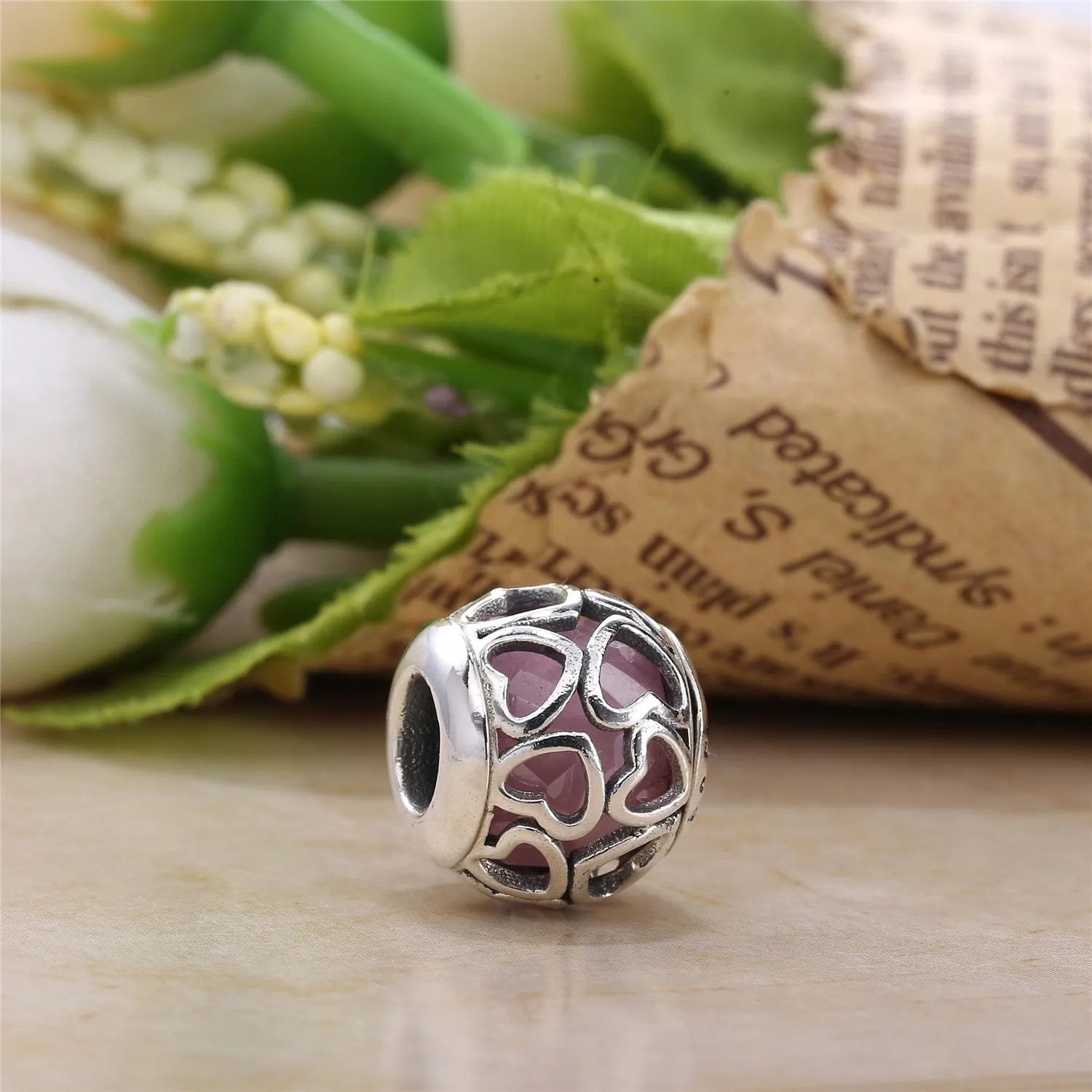 Pandora Heart silver charm with faceted pink cubic zirconia - 792036PCZ