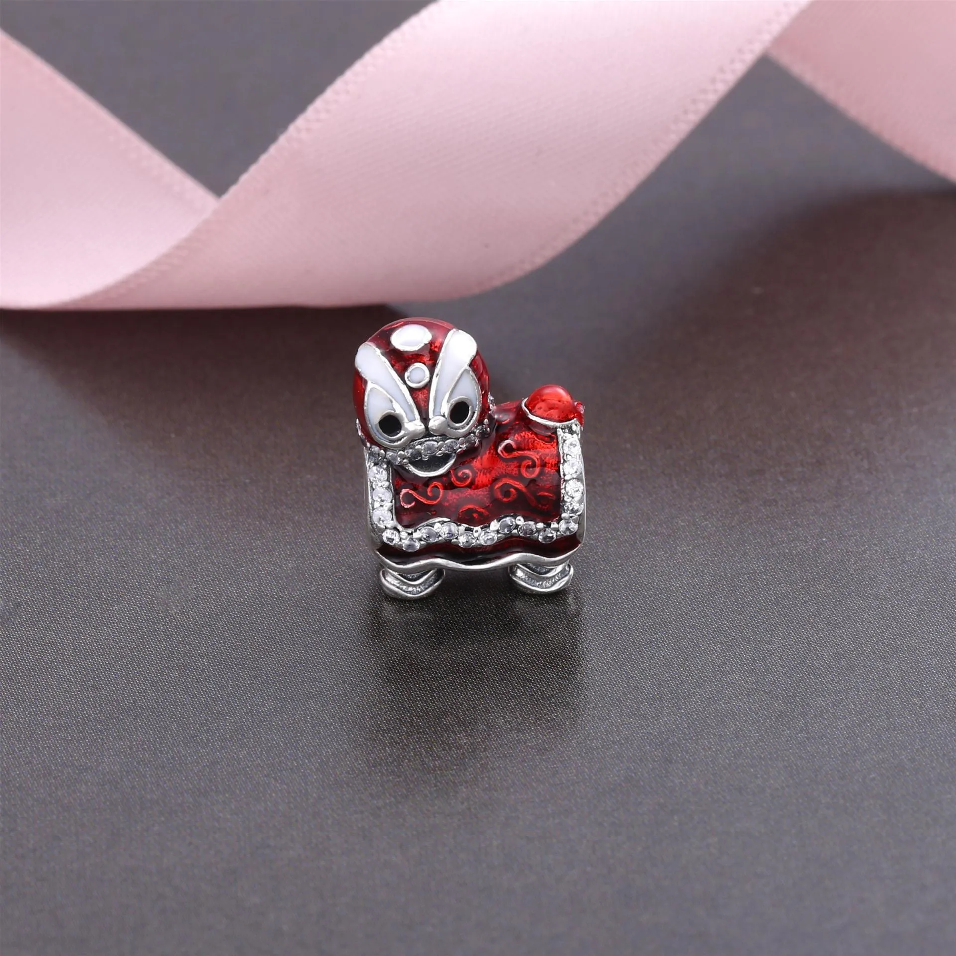 Pandora Lion dance silver charm with clear cubic zirconia, white, black and red enamel - 792043CZ