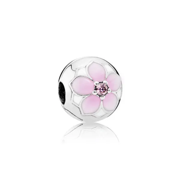 Pandora Magnolia silver clip with pink cubic zirconia, white and shaded pink enamel - 792078PCZ