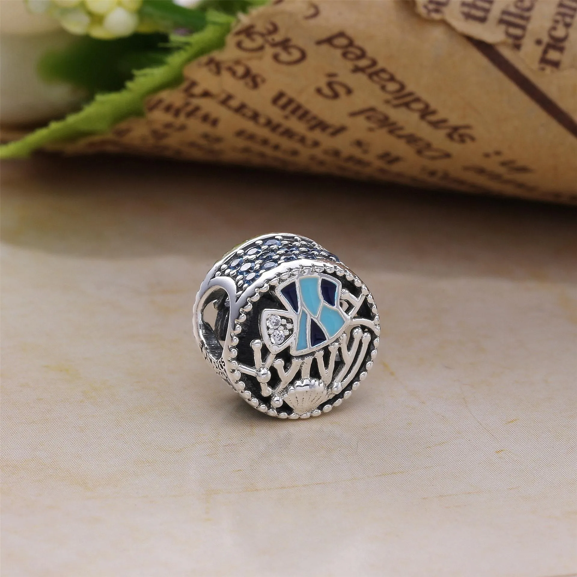 Pandora Ocean life silver charm with frosty mint, clear cubic zirconia and blue enamel - 792075ENMX