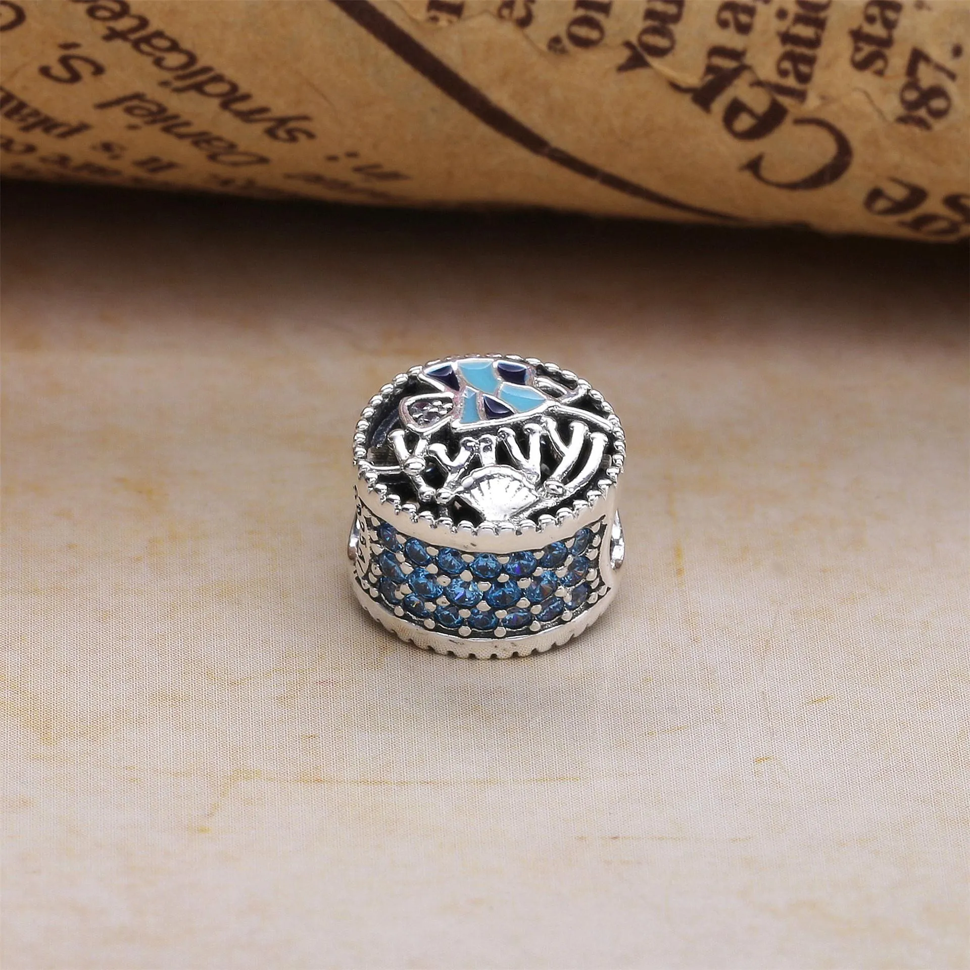 Pandora Ocean life silver charm with frosty mint, clear cubic zirconia and blue enamel - 792075ENMX