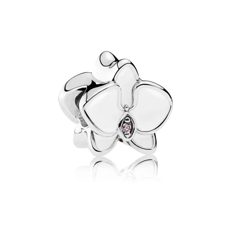 Pandora Orchid silver charm with orchid cubic zirconia and white enamel - 792074EN12