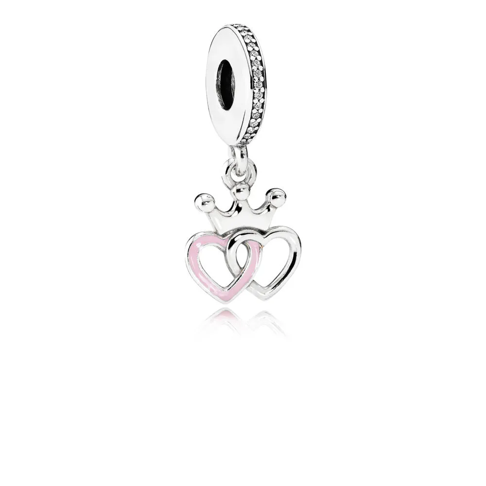 Pandora Sammenlåste kronede hjerter sølv dingler med klar cubic zirconia og rosa emalje - 791963CZ