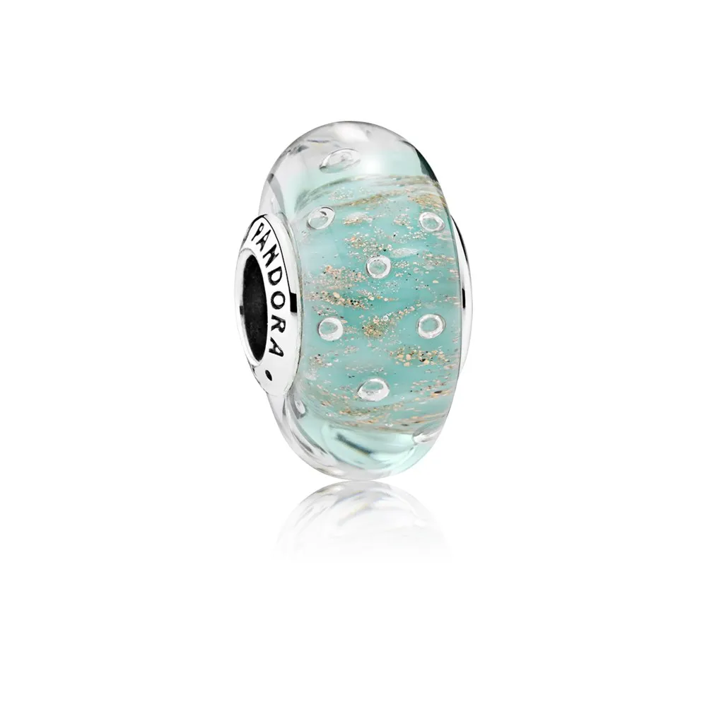 Pandora Silver charm with golden frit, mint and transparent Murano glass - 791669