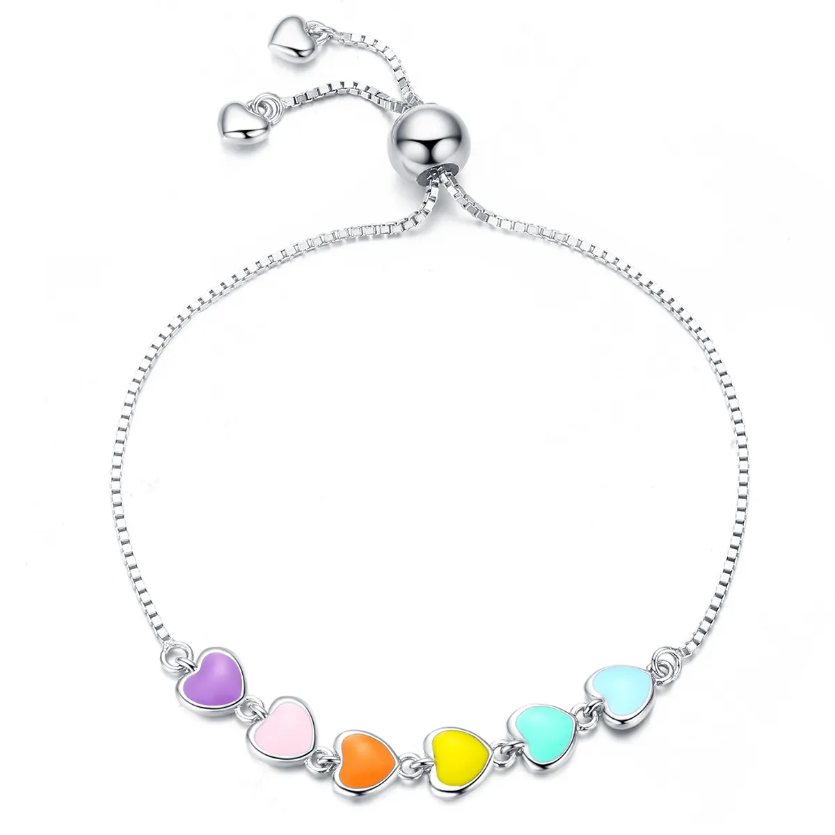 Pandora Style Silver Rainbow Hearts Chain Slider Armbånd - SCB158