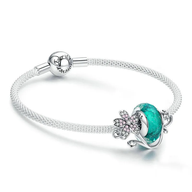 Pandora Style Sølvgrønn Glassperle og Sakura Mesh Armbånd - SCB822