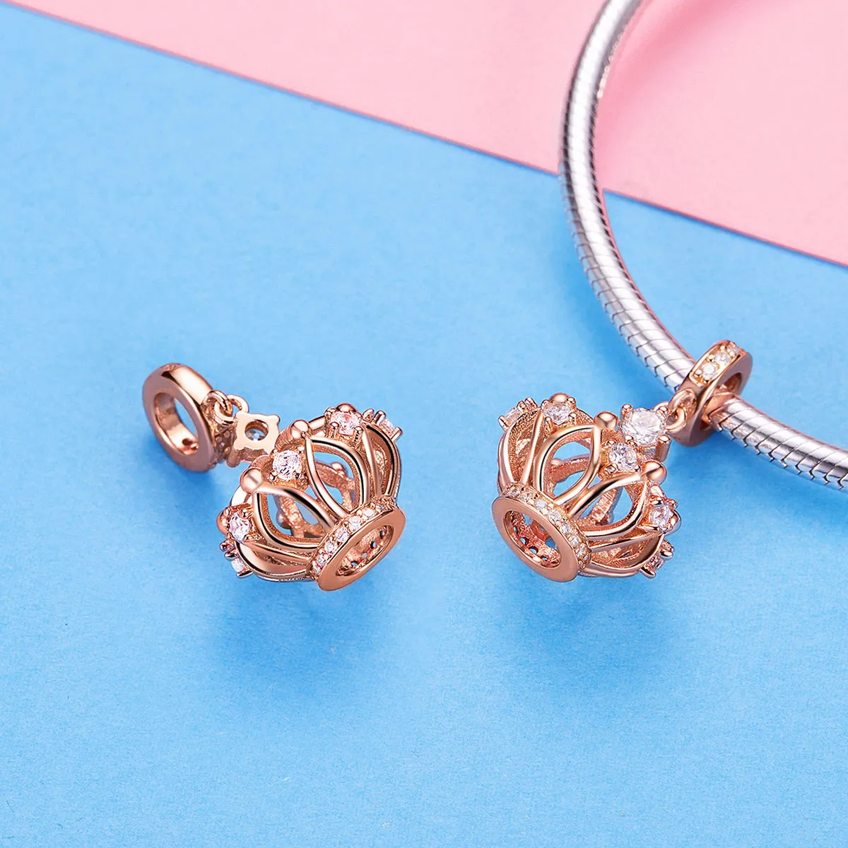 Pandora Style Rose Gold Regal Crown Dingle Charm - SCC1121