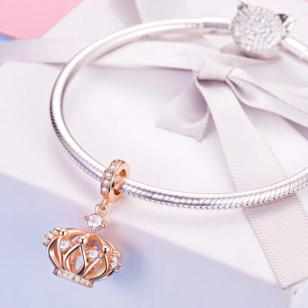 Pandora Style Rose Gold Regal Crown Dingle Charm - SCC1121