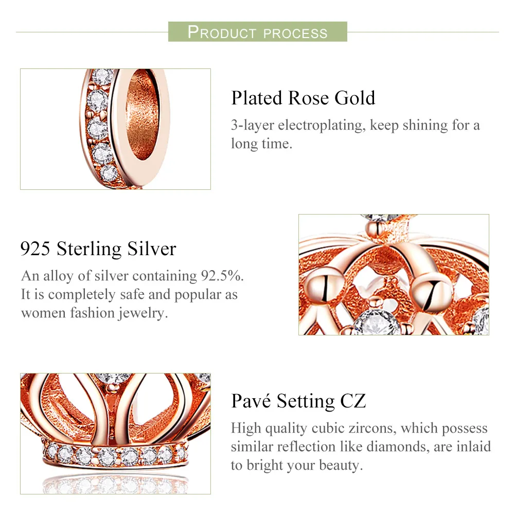 Pandora Style Rose Gold Regal Crown Dingle Charm - SCC1121