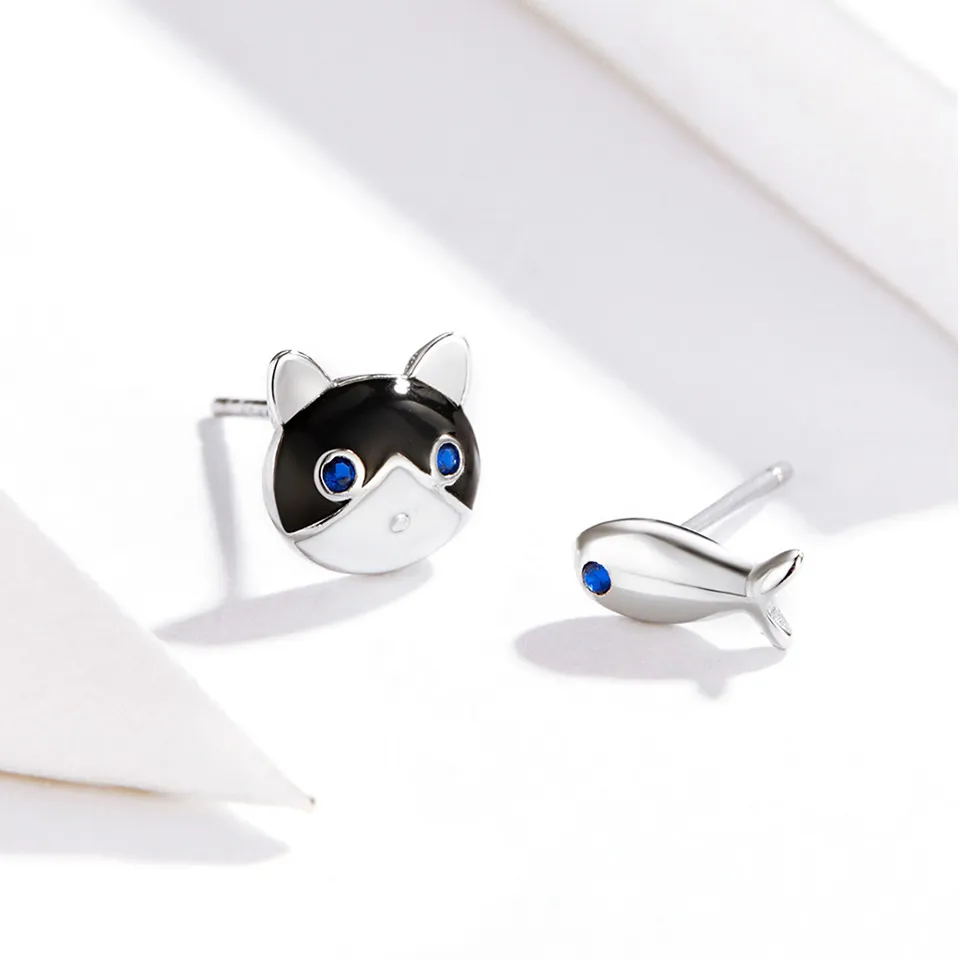 Pandora Style Silver Cat and Fish Stud øredobber - SCE623